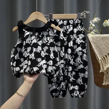 Комплект летней одежды для маленьких девочек 2023 года, удобные комплекты из 2 предметов с принтом милой собаки, рубашки-слипы + брюки, детская повседневная одежда для детей