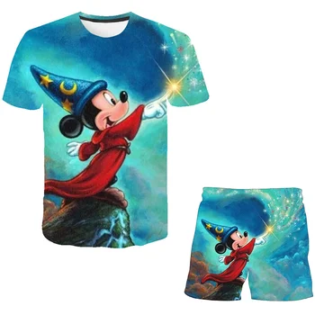 Комплект одежды для маленьких мальчиков и девочек с Микки Маусом из 2 предметов, детский костюм с коротким рукавом + шорты, детский костюм с Микки, детская одежда