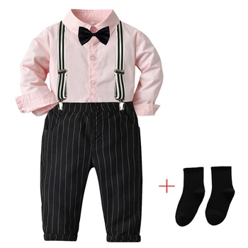Комплекты одежды для маленьких мальчиков, костюм джентльмена, осенняя рубашка с длинным рукавом и галстуком-бабочкой + брюки на ремешке, 4 шт., модный праздничный костюм для мальчиков, 4 шт.