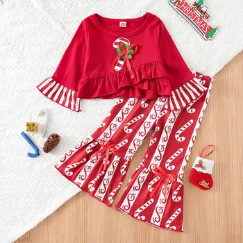 Комплекты рождественской одежды для детей, блузка в полоску с длинными рукавами и оборками для маленьких девочек, топы, расклешенные брюки с мультяшным принтом, Комплект брюк