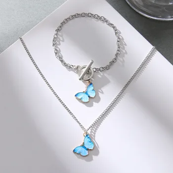 Корейское синее градиентное ожерелье с бабочками для женщин и девочек, Серебряные подвески с жемчужными бабочками, ожерелья-чокеры, ювелирные подарки
