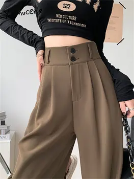 Костюмы Yitimuceng, широкие брюки для женщин, новинка 2023 года, Корейские модные брюки полной длины с высокой талией, Женские повседневные брюки на 2 пуговицах