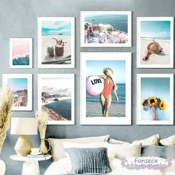 Красивые прибрежные пейзажи Фотопечати Плакат Синее море Розовый пляж Горный дом Картина на холсте Настенная художественная картина для интерьера