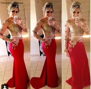 Красного цвета с золотым кружевом, платья для выпускного вечера с длинными рукавами, вечерние платья 