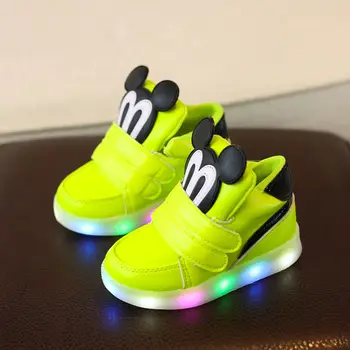 Кроссовки с подсветкой мультяшной мыши, детская повседневная обувь для скейтборда, Модная кожаная детская спортивная обувь для маленьких девочек и мальчиков, обувь для малышей