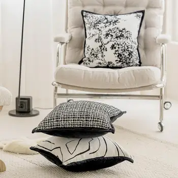 Легкий роскошный чехол для подушки, Удобная застежка-молния, декоративная синель, черно-белый жаккардовый квадрат для подушки, домашний декор