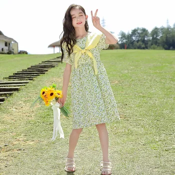 Летнее платье для девочек, Детские платья с цветочным рисунком, 2023 Новый большой ребенок, принцесса, Милая одежда для девочек-подростков