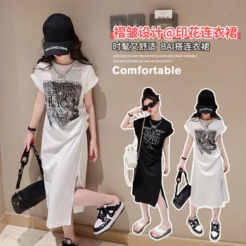 Летнее платье-футболка с разрезом для девочек-подростков, Новая Корейская версия, модная Длинная юбка, детское черно-белое плиссированное платье 11 12 13 14 лет