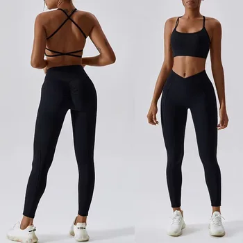 Летние комплекты из 2 предметов, женская одежда, Дышащий Быстросохнущий спортивный комплект для йоги, сексуальный наряд, спортивная одежда для фитнеса, женская одежда для тренировок