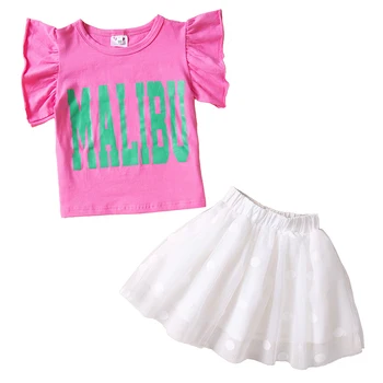 Летний детский комплект из 2 предметов, одежда для маленьких девочек, Модная хлопковая футболка без рукавов с милыми буквами + сетчатая юбка, роскошная одежда для малышей BC489