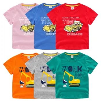 Летняя детская футболка 2023 года для мальчиков и девочек, топы с принтом экскаватора, хлопковая футболка с короткими рукавами для малышей, одежда с героями мультфильмов
