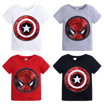 Летняя футболка для мальчиков, супергерой, обратимые футболки с блестками, детские футболки с Человеком-пауком, меняющим лицо, Капитан Америка, футболка, детская одежда