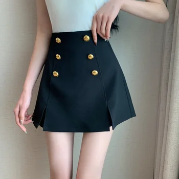Милые женские вечерние двубортные плиссированные мини-юбки трапециевидной формы с высокой талией в корейском стиле