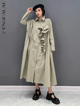 Модная повседневная свободная рубашка SHENGPALAE, Асимметричное платье-рубашка с длинным рукавом и отложным воротником, женское платье-рубашка с эластичным краем, 3079