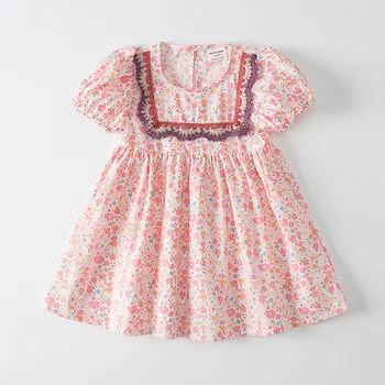 Модное детское летнее платье с коротким рукавом для маленьких девочек, хлопковые платья с цветочным узором, детское повседневное платье на 2-7 лет