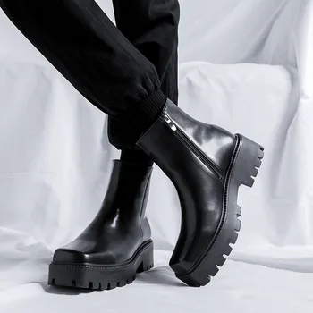 модные мужские ботинки на платформе, черные туфли с квадратным носком, платье в стиле панк-рок, ковбойские ботинки 