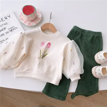 Модные свитера в виде тюльпанов для маленьких девочек, Нижние рубашки, топы с сетчатыми рукавами с вышивкой, Элегантная Детская весенне-осенняя одежда, детские толстовки