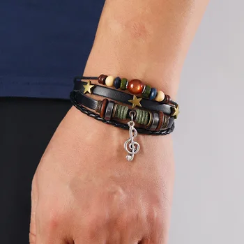 Модный кожаный браслет из бисера в стиле панк, мужской плетеный винтажный браслет из сплава Примечание