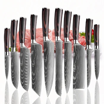 Набор кухонных ножей Лазерные Дамасские ножи для разделки мяса, овощей, Нож Сантоку, Рыбы, Хлеба, Набор японских ножей