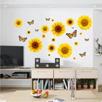 Наклейки на стену с принтом бабочки Подсолнуха 40 * 60 см, Съемные Виниловые Наклейки на стены с цветами, обои для украшения домашней комнаты