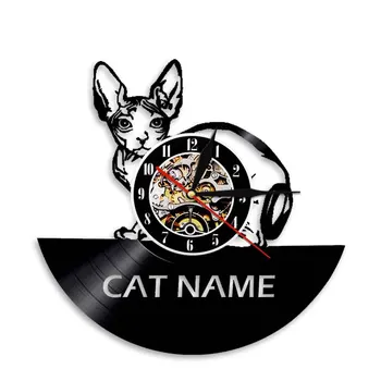 Настенные часы с силуэтом канадской безволосой кошки, современный дизайн, часы с виниловой пластинкой с котенком, Индивидуальное имя кошки, Декор стен
