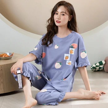 Новая летняя модная женская пижама, короткие штаны с принтом, пижамы с круглым вырезом, свободный размер, корейская пижама для отдыха для молодых девушек