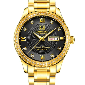 Новые автоматические механические часы Carnival, Роскошные мужские часы со светящимся сапфиром и бриллиантами, водонепроницаемые часы с двойным календарем C-8629-2