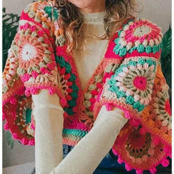 Новый модный укороченный пуловер ручной работы, подходящий по цвету, Винтажный женский свитер с коротким рукавом и V-образным вырезом, Шикарные топы