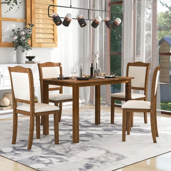 Обеденный стол из дерева из 5 предметов, кухонный обеденный гарнитур в простом стиле, прямоугольный стол с мягкими стульями для компактного жилого пространства