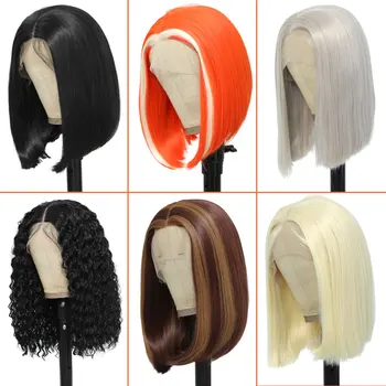 Оранжевый Имбирный синтетический парик с кружевом спереди, короткий парик-боб, Прозрачный парик из синтетического кружева Balck для женщин, цветной парик для косплея