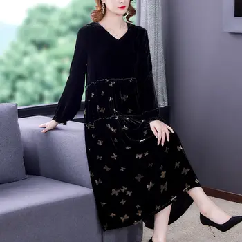 Осеннее платье 2021, Новое темпераментное платье с капюшоном и принтом, модное черное бархатное платье, женское элегантное платье с длинным рукавом M622
