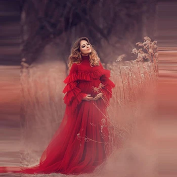 Очаровательное женское платье для беременных из многоуровневой сетки с красными оборками и расклешенными рукавами, Красивое платье для беременных трапециевидной формы с высоким воротом, свадебные платья