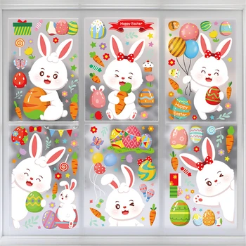 Пасхальные наклейки на окна Кролик, Морковь, Яйца, Электростатическая Стеклянная наклейка, наклейка на стену, Счастливые Пасхальные украшения для домашней вечеринки 2023 года