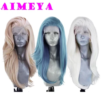Пепельно-голубой кружевной парик AIMEYA Термостойкий синтетический кружевной парик спереди с длинной натуральной волной, смешанные светлые кружевные парики розового цвета для ежедневного использования, косплей