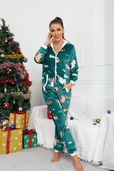 Пижамы для взрослых, Рождественские Зеленые пижамы с принтом, Зимние теплые фланелевые комбинезоны с капюшоном, Женские ночные костюмы
