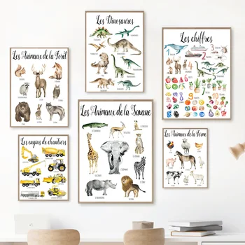 Плакат французского образования, Животное, Динозавр, Алфавит, Овощи, Настенное искусство, Печать на холсте, Настенные картины, Декор детской комнаты