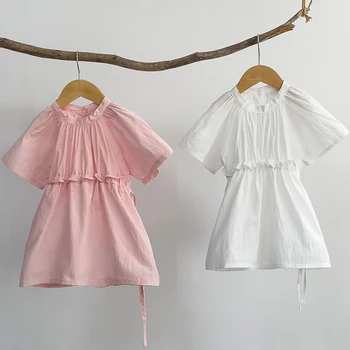 Платье С короткими рукавами для маленьких девочек, Летнее платье на шнуровке для младенцев, платье принцессы для маленьких девочек, детская одежда в Корейском стиле