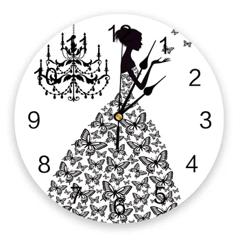 Платья с бабочками Люстра для девочек Черно-белые Круглые настенные часы Подвесные Бесшумные Часы Домашний Интерьер Спальня Декор гостиной