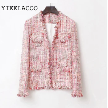 розовое пальто из твидовой ткани с блестками и кисточками, ветровка французского аристократического темперамента, топ женский, новинка весны и осени