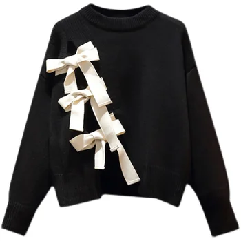 Свитер Оверсайз, женский пуловер 2023, осенне-зимняя уличная одежда, Милый вязаный джемпер на шнуровке с бантом, Pull Femme Hiver