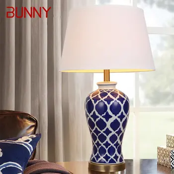 Современная керамическая голубая настольная лампа BUNNY, креативная винтажная прикроватная светодиодная настольная лампа для дома, гостиной, спальни