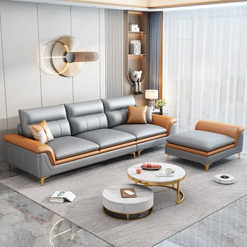 Современный минималистичный диван для трех человек В гостиной установлен кожаный диван со съемной тканевой мебелью, которую можно стирать