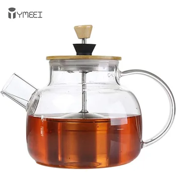 Стеклянный чайник YMEEI объемом 1 л с заварочным устройством из нержавеющей стали, подогреваемый контейнер, Заварочный чайник, Прозрачный цветочный чай, Бамбуковая крышка, посуда для напитков