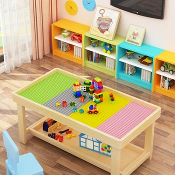 Стол из двухслойных строительных блоков из массива дерева, многофункциональный совместимый стол Lego, стол для детских игрушек, стол для игр с песком