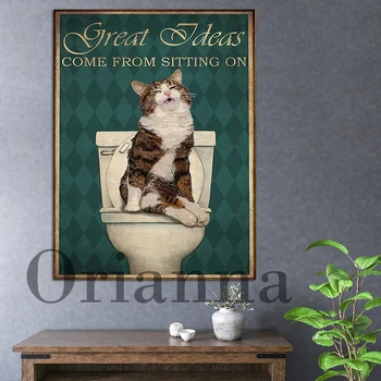 Украшение плаката для ванной комнаты с забавным котом, отличные идеи приходят, когда сидишь на плакате, Забавное искусство на стене в туалете, Плакат с забавным котом в туалете