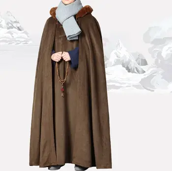 унисекс зимние костюмы Дзен-буддийский монах Шаолиня мыс теплый халат плащ для медитации монахов кунг-фу униформа пальто серый/синий/красный/коричневый