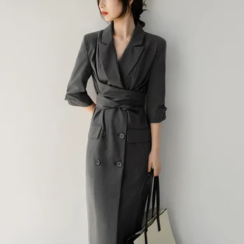Французское изысканное серое платье-костюм высокого класса, женское летнее дизайнерское решение, рабочая одежда с завязками, профессиональная одежда