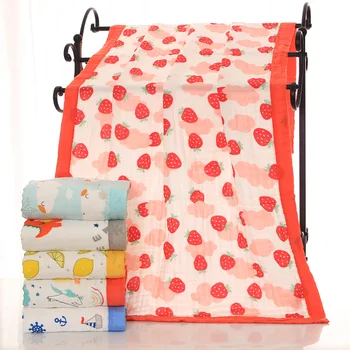 Хлопчатобумажное шестислойное марлевое банное полотенце / стеганое одеяло высокой плотности с мультяшным принтом, детское одеяло для сна, полотенце для душа для новорожденных