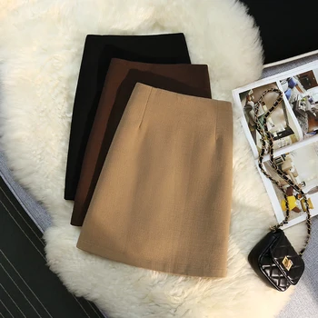 Шерстяная короткая юбка Женская зимняя модная однотонная юбка трапециевидной формы на молнии с высокой талией кофейного цвета, Элегантные простые мини-юбки