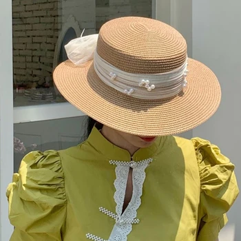 Элегантная женская шляпа из приморской соломы, плетеная шляпа, Дышащая шляпа с бантом
